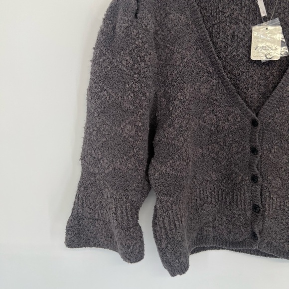 Free People Geo Structured Puff Sleeve Cropped Floral Cardi In Charcoal Grey - Picture 3 of 9